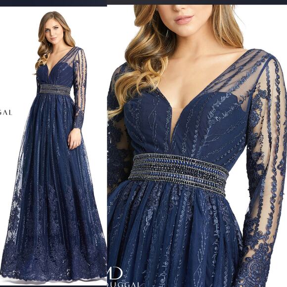 Mac Duggal Dresses & Skirts - Mac Duggal 66591 Navy Blue 2 Long Sleeve Formal Embroidered Maxi Gown Dress